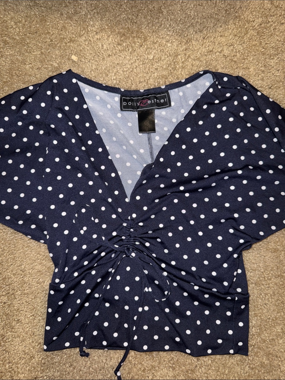 Polka Dot V-Neck Tie-Front Blouse - Navy/White